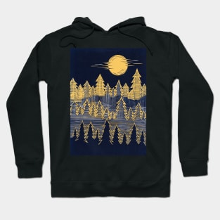 Misty, Moonlit Trees Linocut in Blue and Yellow Hoodie